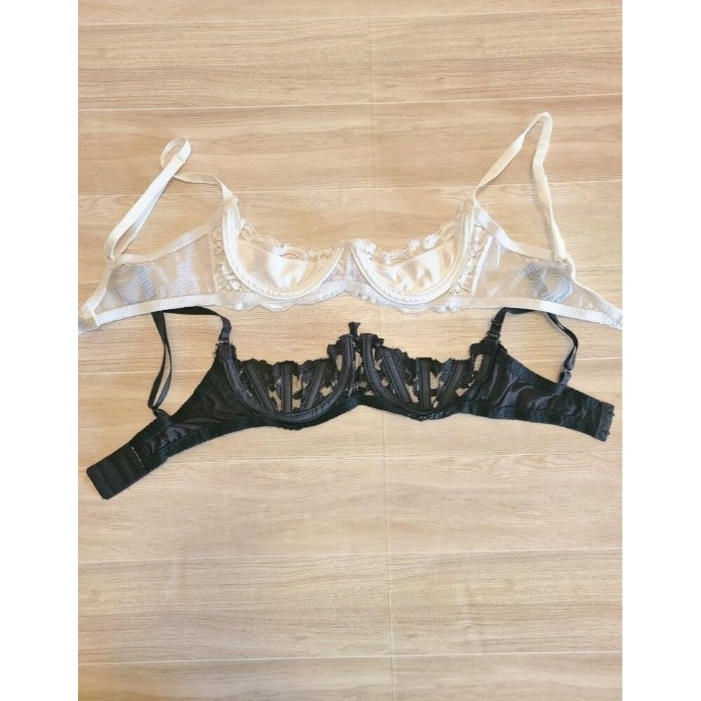 2 Shirley of Hollywood Open Cup Lace Bras Size 32 Black White Shelf Bra Lingerie - Picture 4 of 6
